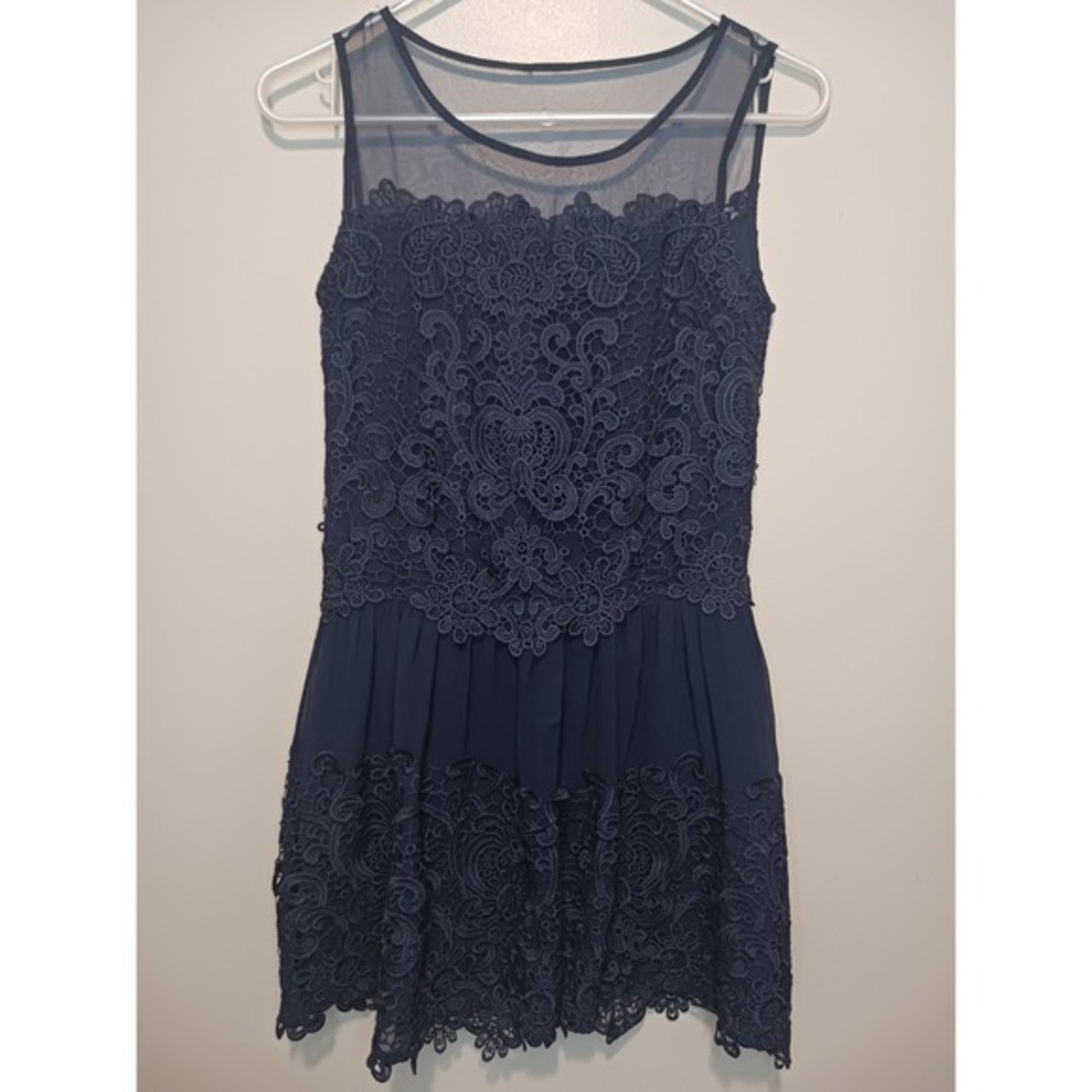 Akellylan‎ Navy Blue Classy Modest Sleeveless Lace lined Party Prom Midi Dress S